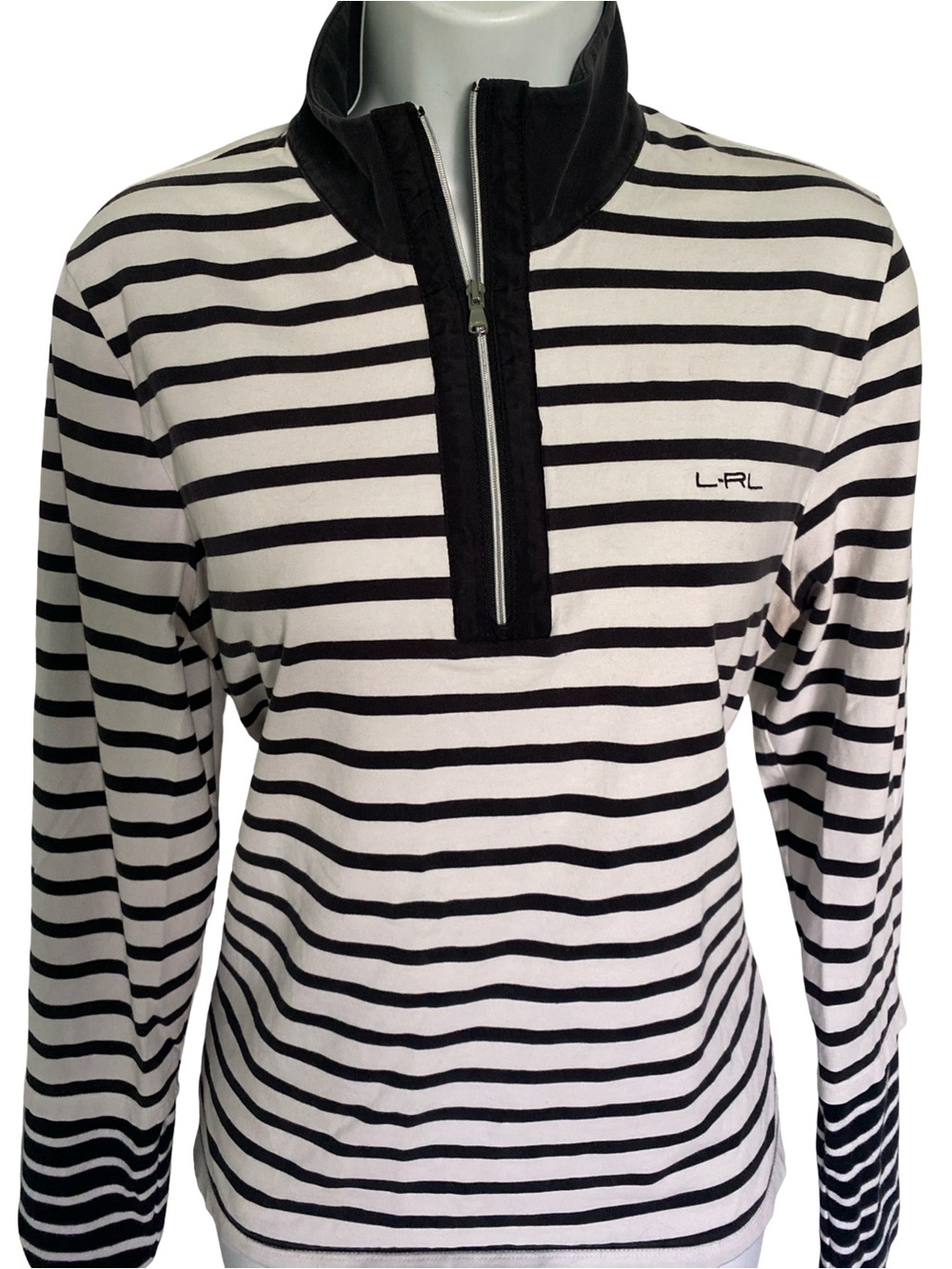 Ralph Lauren Black & White Striped Half-Zip Long Sleeve Top-XL - Picture 1 of 5